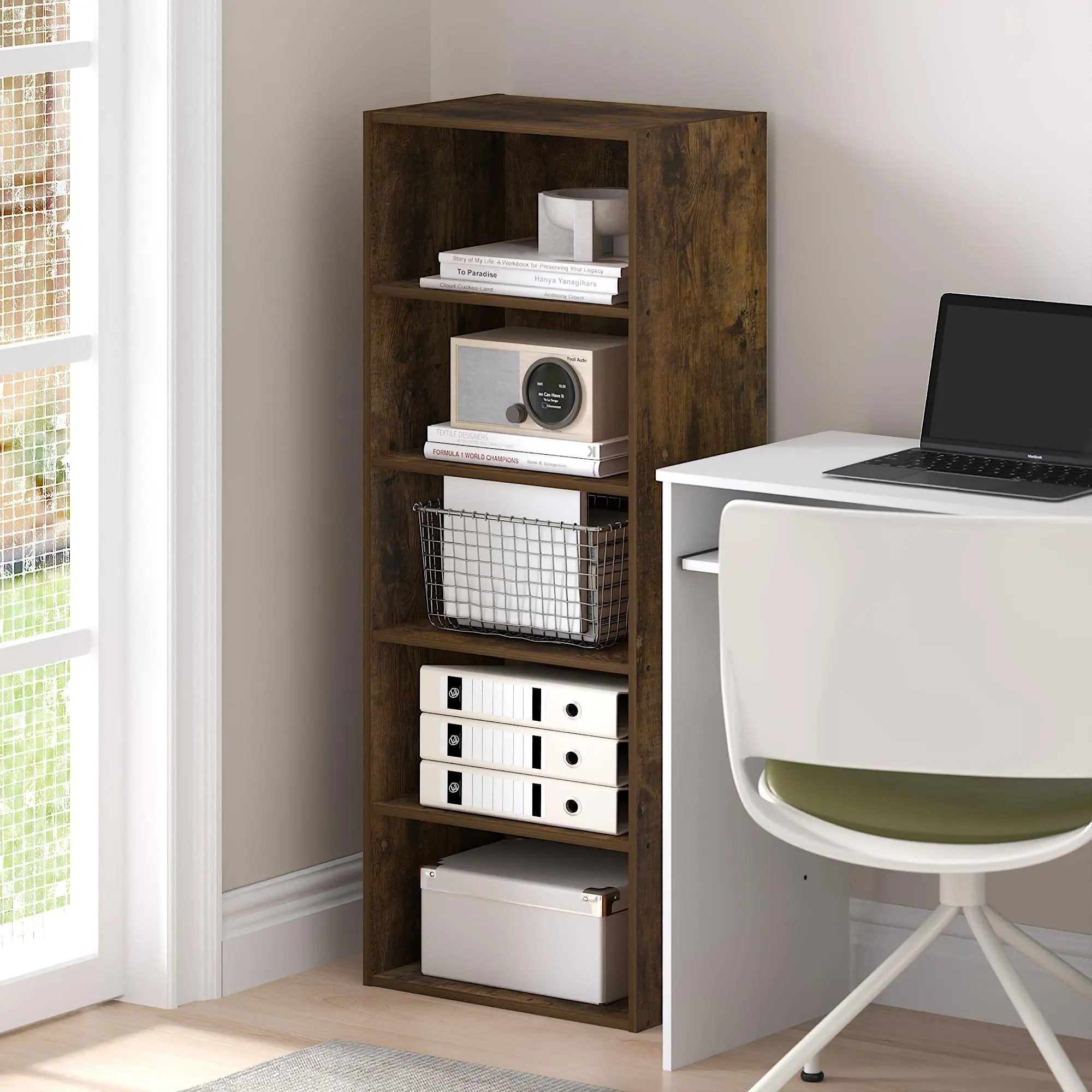 Freestanding 5-Tier Open Shelving Cube Storage Bookcase with Drawers, 11.4d x 16.6w x 43.7h in, Compact Space Saving Composite Wood Furniture, Strong & Dependable Storage, Assembly Required, for Living Room, Amber Pine Indoor Shelves & Racks, Collectibles