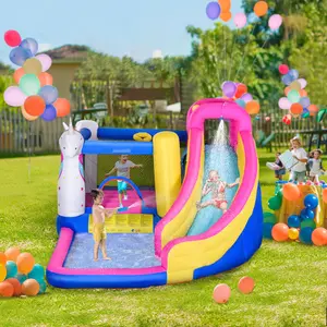 Inflatable Water Slide Bounce House with Trampoline, Climbing Wall, Water Cannon, Basketball Hoop, Splash Pool, 450W Blower, Bouncy House for Kids 3-8 Years Old