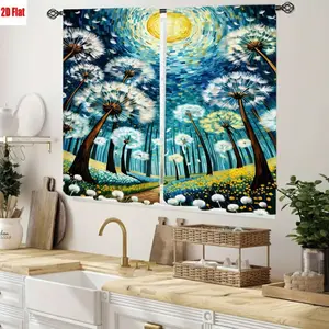 2D Flat 2Pcs Dandelion Forest Curtains with Sun and Moon Pattern, Vivid Impressionist Style, High Definition Print, Art Decor, All Season for Home Living Room Bedroom Study Window