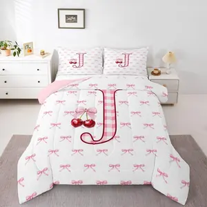 Cherry Bowknot Comforter Set,Initial J Letter Monogrammed Bedding Set for Kids Girls,Dreamy Princess Coquette Decor Comforter