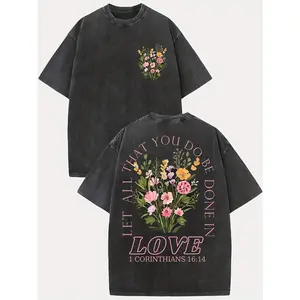 Men's Vintage Verse T-Shirt - 1 Corinthians 16:14 "Love" Floral & Scripture Print, 230g Washed Cotton Oversized Drop Shoulder Tee, Brown with Pink Lettering, Casual Church Wear, Summer Short Sleeve Gift for Him