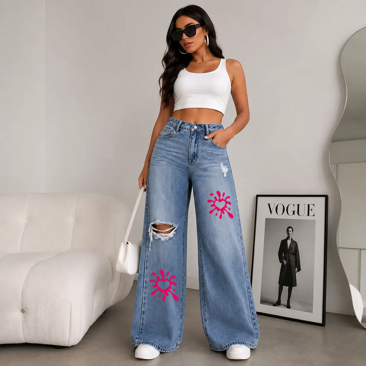 Women's Casual Free-Spirited Exclusive Ink-Splatter Heart Graffiti Denim Jeans - 2000s Throwback Style, Curve-Concealing Slimming Fit, All-Day Comfortable Trouser Pants, Cotton Blend Raw Hem Bottoms