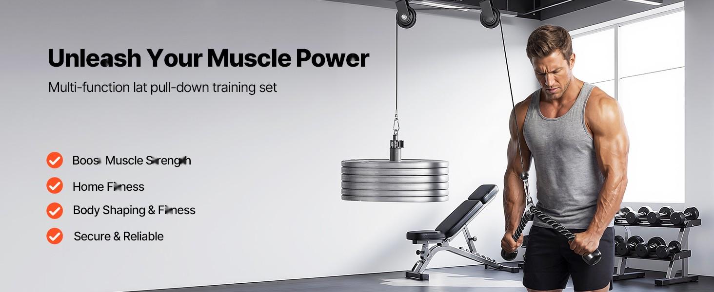 Lat Pulley System And Lift Training Kit For Gym Rack, Two Steel Cables, Short Bar, Dual Grip Handles, Cable Attachment For Biceps, Shoulders, Back, Home Gym Equipment, Up To 330 Lbs Capacity