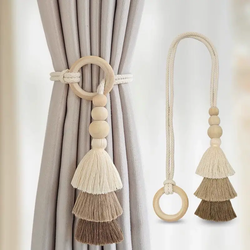 2pc Bohemian Style Adjustable Tassel Curtain Tieback, Handmade Wooden Bead Cord for Living Room and Bedroom Office or Studio Windows