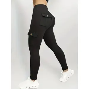 Women's High Waist Yoga Pants One Piece Set with Pocket - Stretch Running Pants, Button Design, Solid Colors (Black, Date Red, Grey), Practical Flip Pocket, Comfortable Polyester Blended Fabric