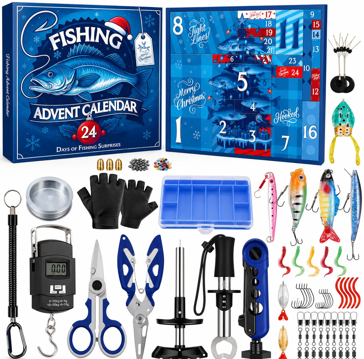 2025 24-Day Christmas Fishing Advent Countdown Calendar - Assorted Fishing Accessories Surprise Gifts for Men, Teen Boys Fishing Gear Accessories Fishing Box
