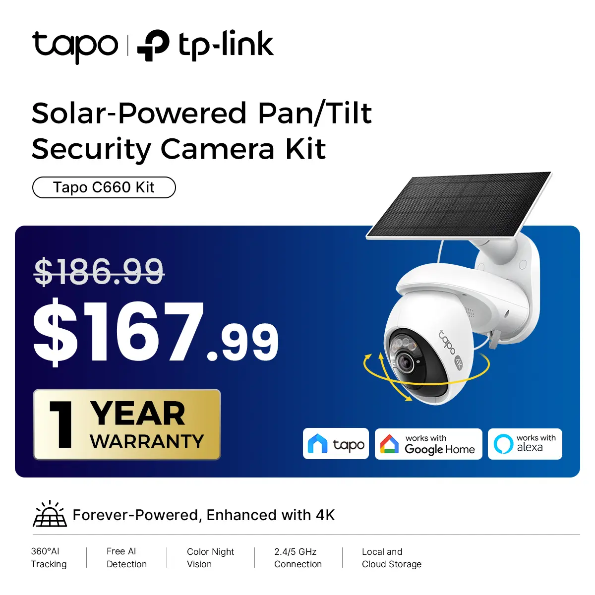 TP-Link & Tapo C660 KiT 4K Solar Security｜360° AI Tracking｜Starlight Color Night Vision｜Free Local Storage｜No Wires