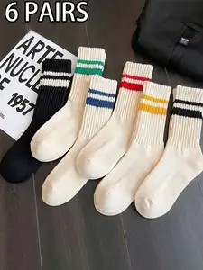 6 Pairs Colorful Striped Mid-Calf Socks, Vintage Casual Style, Durable & Comfortable, for Men Women Daily Wear & Light Sports