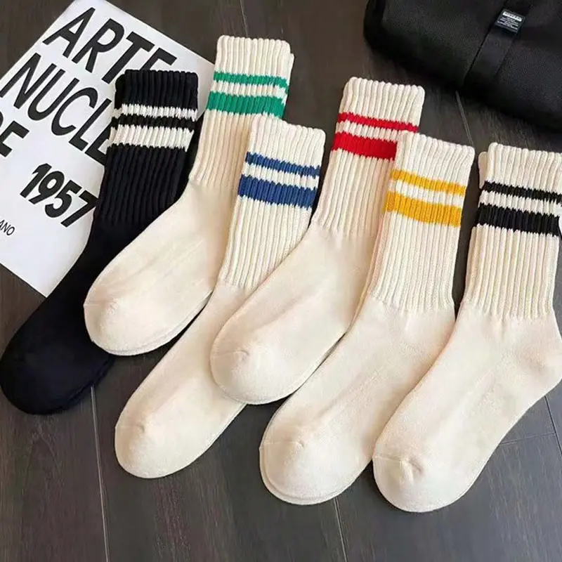 6 Pairs Colorful Striped Knitted Fabric Mid-Calf Socks, Fitted, Vintage Casual Style, Durable & Comfortable Activewear Athletic Socks, Fun Socks, for Men Women Daily Wear & Light Sports