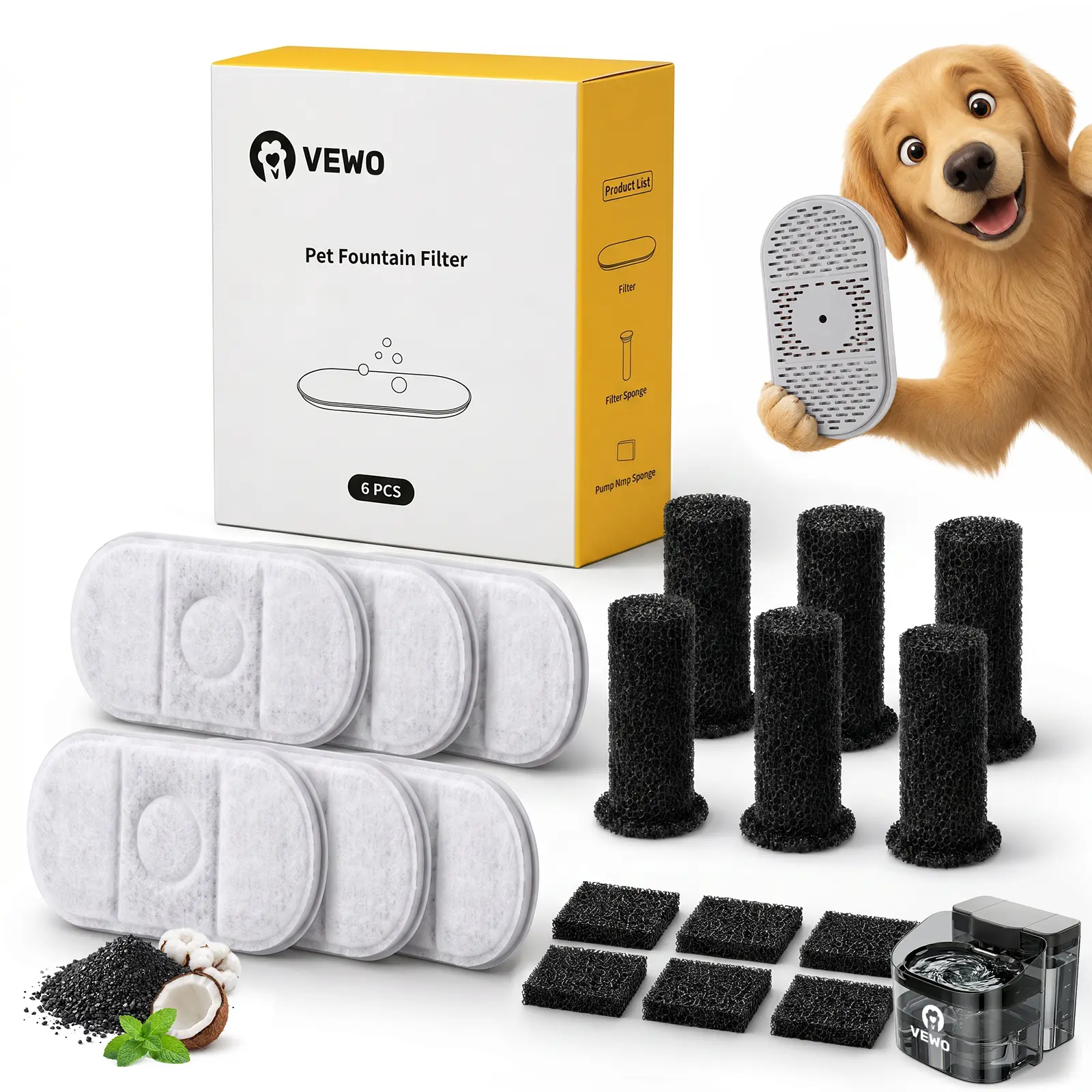 VEWO Replacement Filters for 11L Dog Water Fountain, 6-Pack Activated Carbon Pet Fountain Filters with Filter Sponges and Pump Sponges, Compatible with VEWO Large Dog Water Fountain