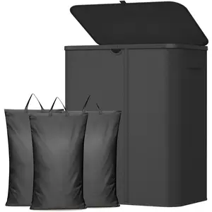 Lifewit Large 3 Section Laundry Hamper with Lid, Plastic Laundry Basket with Bamboo Handles and Removable Bags, Tall Foldable Clothes Hamper for Bathroom Bedroom, Beige