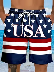 Men'S American Flag Color-Blocked Swim Shorts with 3D Digital Print for Sports And Leisure
