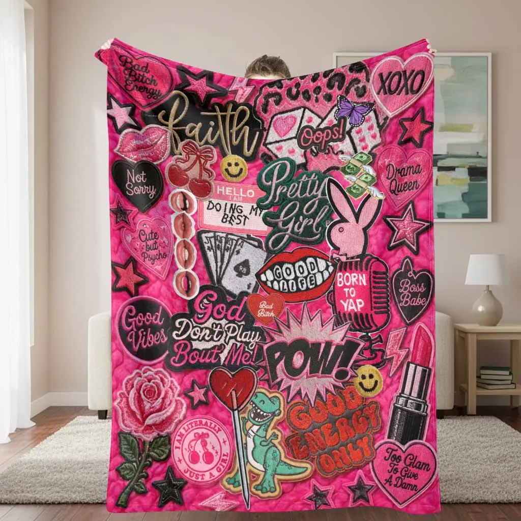 Y2K Aesthetic Flannel Fleece Blanket Pink Pop Art Sticker Patch Pattern Super Soft Cozy Warm Lightweight Throw for Bedroom Sofa Living Room Decor Birthday Gift Valentine Present