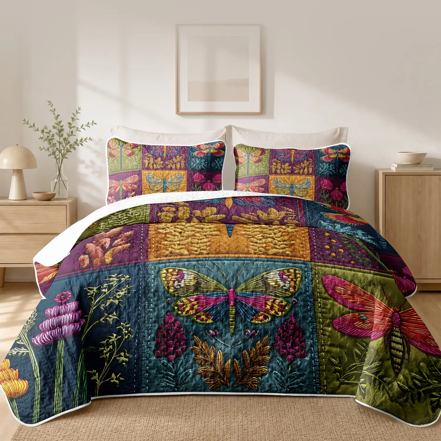 2/3pcs Vintage Patchwork Butterfly Quilt Set, Lightweight Cooling Bedspread Coverlet, Soft Skin-Friendly Bohemian Embroidery Floral Print Bedding with Pillow Shams, Reversible Easy Care Bed Cover for All Seasons, Colorful Rustic Moth & Flower