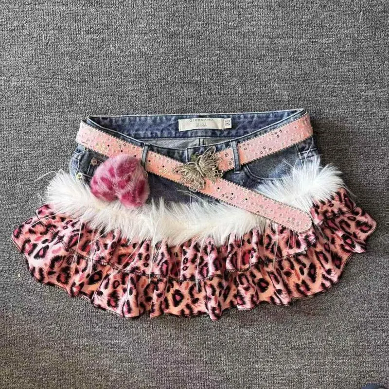 Pink Leopard Mini Skirt Patchwork Denim American Vintage 2000s Sexy Subculture Harajuku Streetwear Style Random Denim Summer