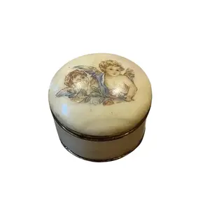 Vintage Genuine Alabaster Trinket Box Hand Carved in Italy 3" Round Cherubs with Unique Design and Elegant Finish