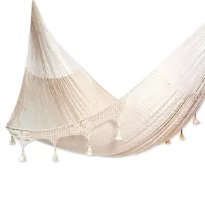 NOVICA Artisan Caribbean Shores Triple Hammock, Handmade Ivory Nylon Solid Rope with Tassels, Mayan Shabby Chic Mexico, Bed 78in L x 90in W Total 158in L