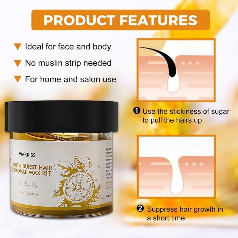 Waxkiss Lemon Burst Hair Removal Wax Kit 10.6oz/300g with 12 Strips & 2 Sticks for Face Eyebrow Body Legs Arms Bikini Back Sensitive Skin All Types