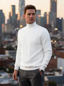 Men's solid-color jacquard high-neck knitted sweater, comfortable, warm and windproof, can be layered. Fashionable and elegant design, casual and comfortable, regular fitted long-sleeved sweatshirt, suitable for autumn and winter wear, men's daily wear.