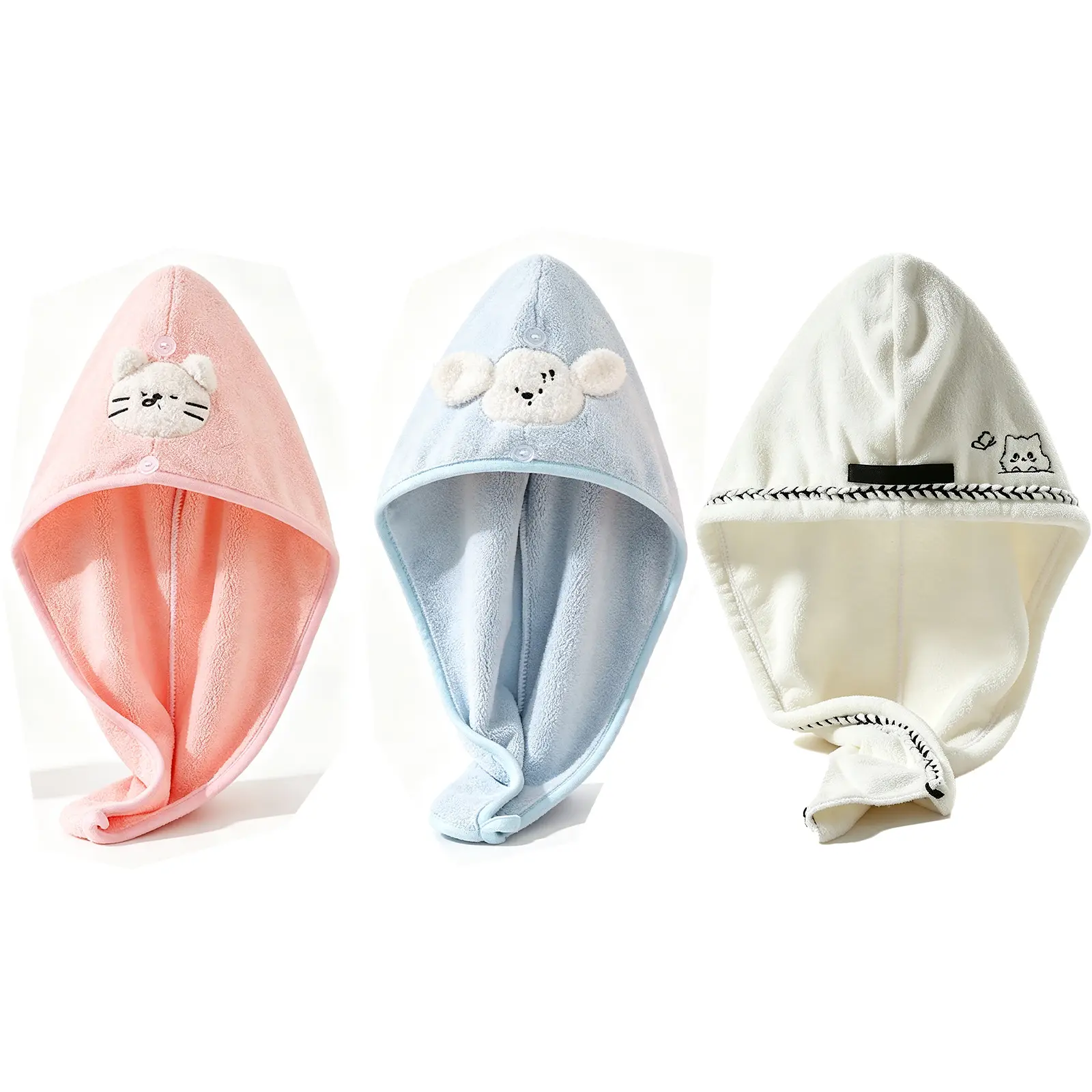 3 Pcs Cute Cartoon Microfiber Hair Drying Towel Wrap,Super Absorbent Quick Dry Button Hair Turban, Soft Anti-Frizz Hair Wrap Cap for Long Curly Wet Hair Women GirlsShower Bath