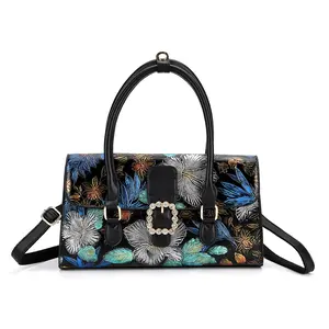 Black Flower Embossed Faux Leather Crossbody Bag with Shoulder Strap
