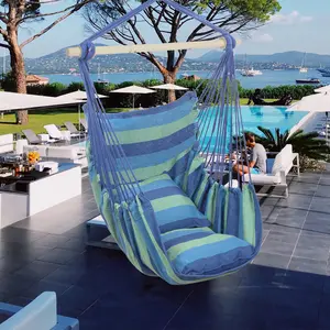Distinctive Cotton Canvas Hanging Rope Chair with Pillows Blue
