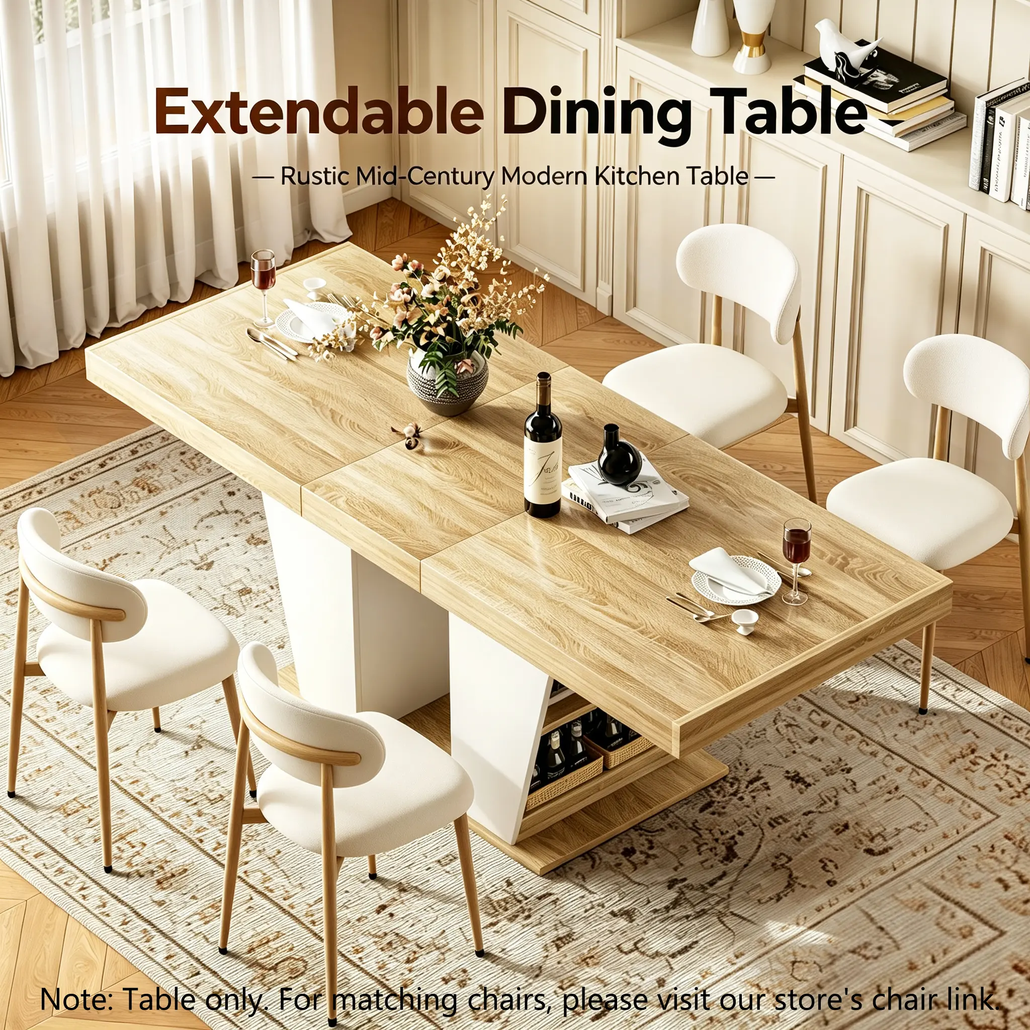Extendable   78.7" Rustic Mid-Century Modern Kitchen  with Storage Shelves, Seats 8-10, Space-Saving Telescoping Design for Apartment &  Room, Natural White expandable dining table rectangular