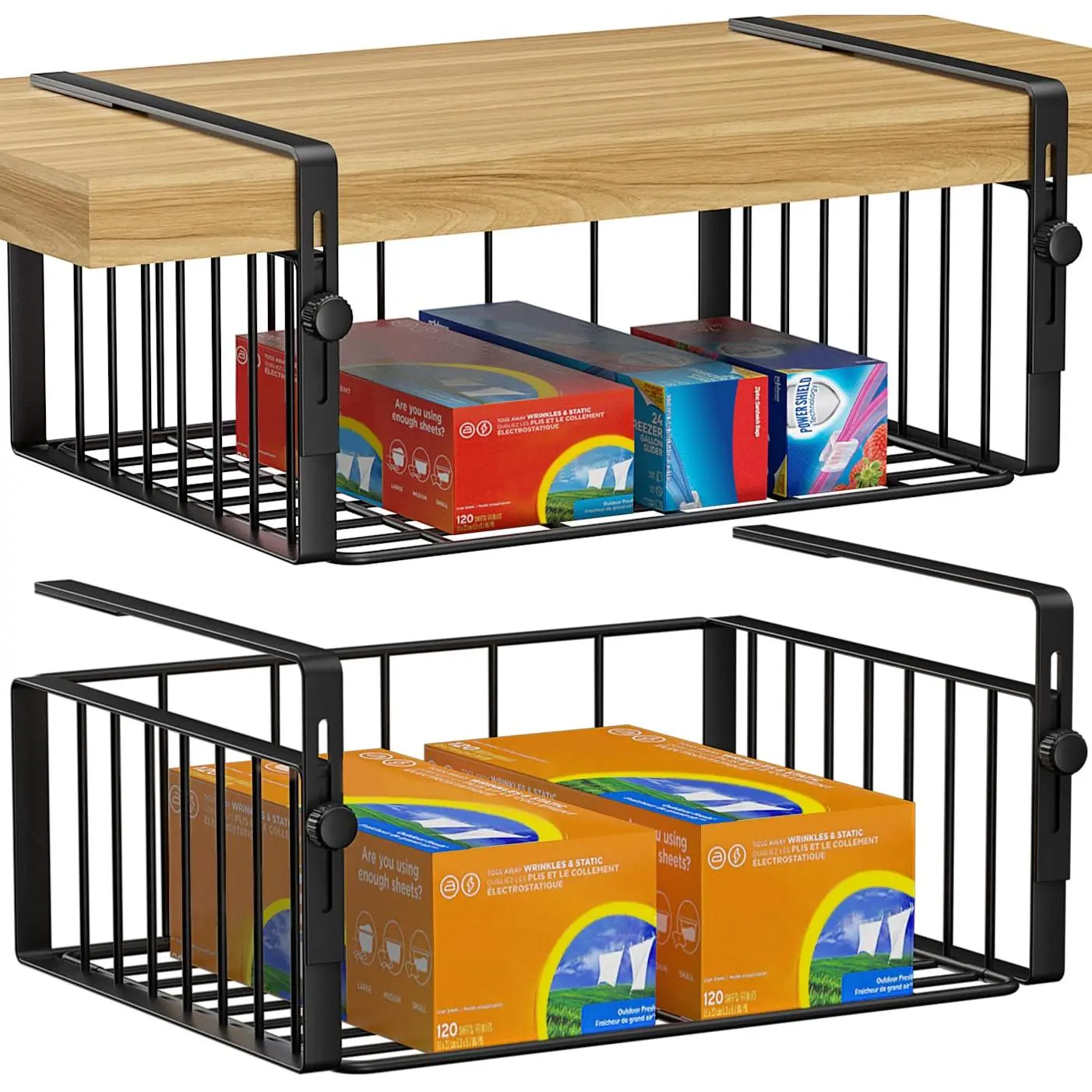 2pack Under Shelf Basket Organizer Adjustable Hanging Holder Storage For Cabinet Pantry Kitchen Cupboard Desk Counter Bookshelf Organization Add-on Space Saver Heavy Duty Slide-in Black