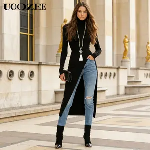 UOOZEE Women's Minimalist Turtleneck Knit Top - Polyester Elastic Comfortable Fabric, High Neck Long Sleeves Tight Solid Color Split Design, Elegant Casual Style for Daily Leisure & Office Commuting Fall Outfits