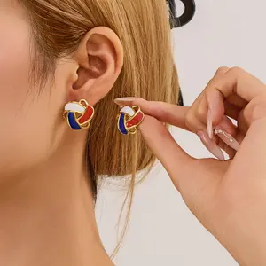 Vintage Geometric Stud Earrings for Women – Enamel Oil Drip Triangle & Hollow Rotating Flower Design, Lightweight Hypoallergenic Statement Jewelry, Daily Wear, Party & Gift for Her