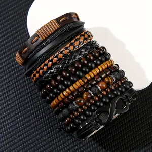 12Pcs Classic Faux Leather Handmade Beaded Stacked Elastic Unisex Bracelet Set Punk Party Daily Music Festival Hip Hop Wear Perfect Father'S Day Friendship Gift, for Teenager, For Teenager