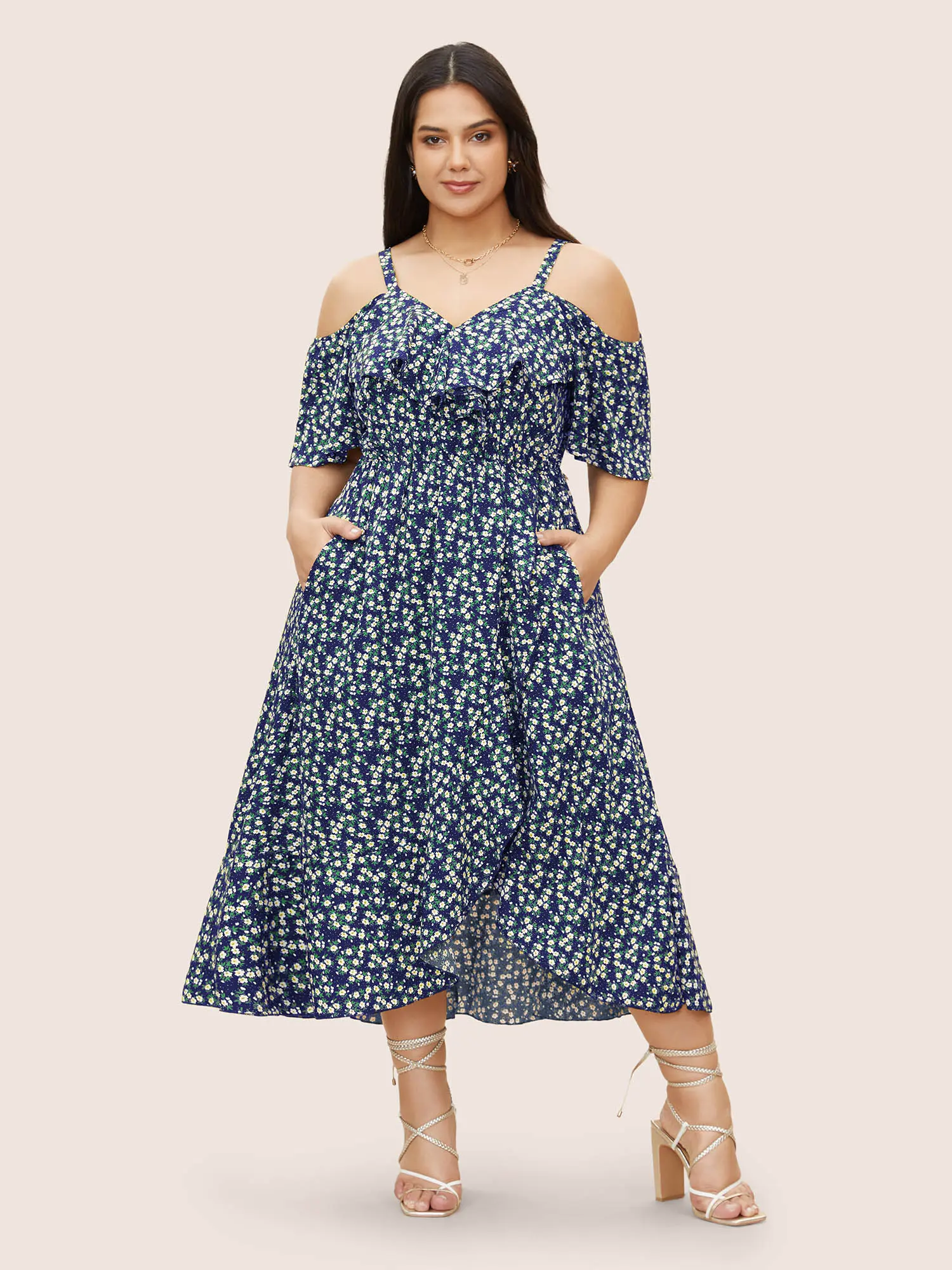 BLOOMCHIC Women's Spandex-Polyester Bohemian Cottagecore Wrap Dress - 2026 Summer Cold-Shoulder Shortsleeve Casual Women's Clothes with Ditsy Floral Print, Pocket & Comfortable Fabric Garment,Summerfinds