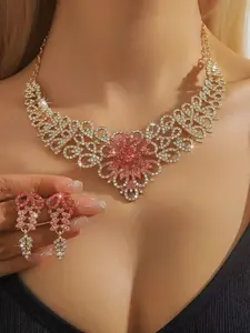 Vintage Flower Design Jewelry Set, Fashion Rhinestone Decor Necklace & Dangle Earrings for Party, Daily Decor, Trendy All-match & Exquisite Jewelry for Birthday Gift