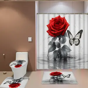 Rose Butterfly Water Ripple Waterproof Shower Curtain Set, Four-Piece Bathroom Decor, Durable and Stylish Design, Perfect Holiday Atmosphere, Shower Essentials, Bathroom Accessory