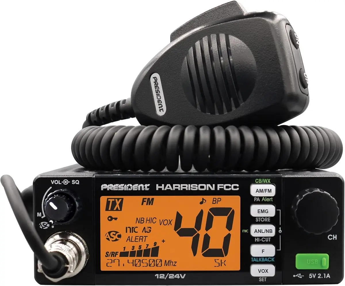 President HARRISON Digital AM & FM Mobile CB Radio - 40 FCC Channels, CTCSS-DCS, Audio Support, USB Charging, LCD Display, TXUS768, Black