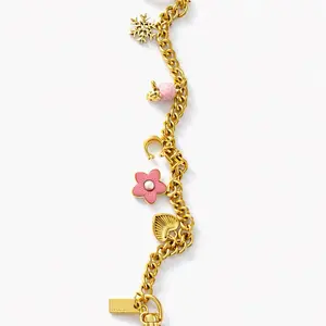 Gold Chain Keychain with Pink Flower Charm and Snowflake Pendant for Women's Accessories