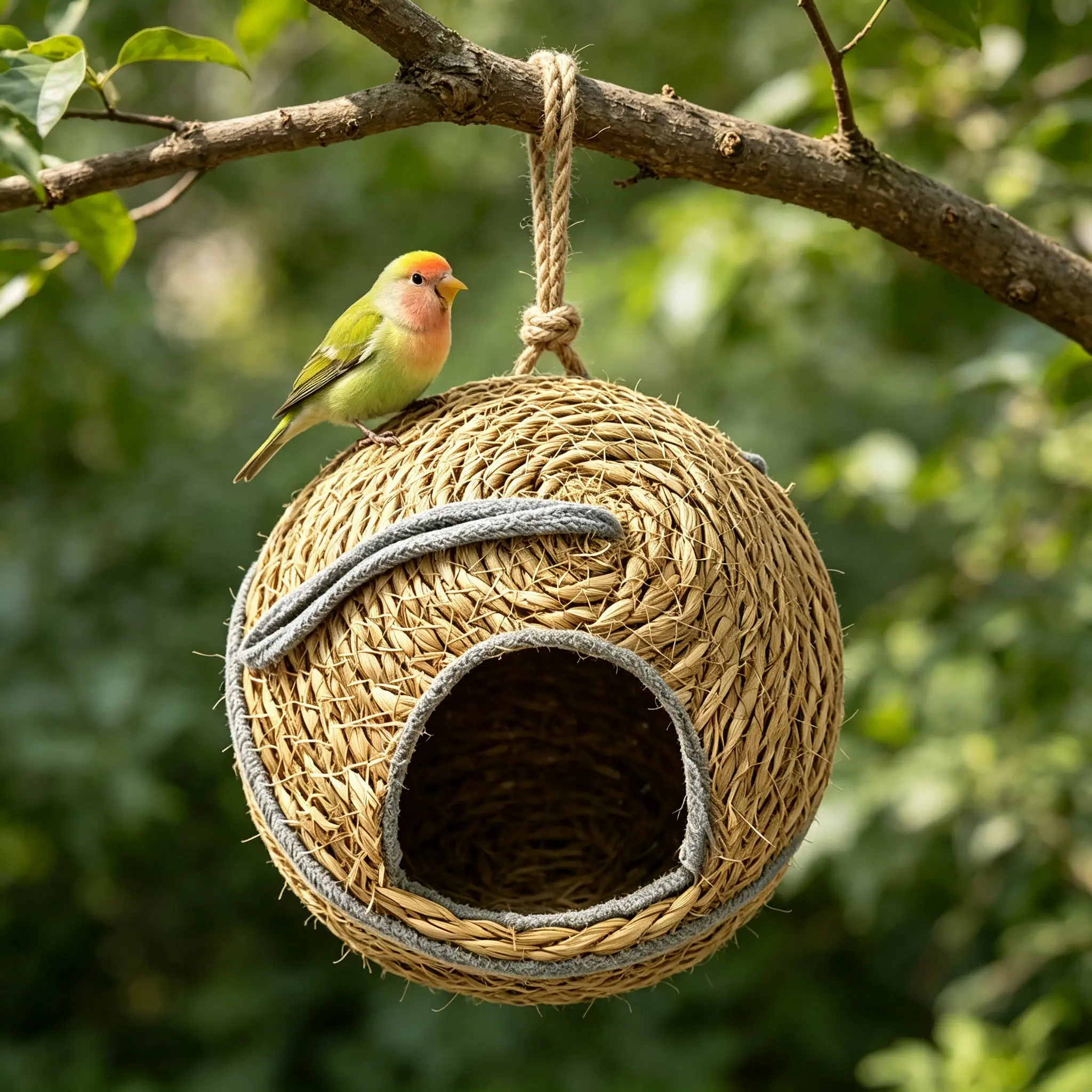 Round Woven Hanging Grass Bird Nest, Breathable Sleeping Cave for Small Parrots & Wild Birds