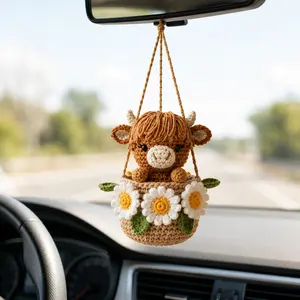 Crochet Highland Cow Car Hanging Ornament, Handmade Daisy Flower Basket Charm, Cute Amigurumi Cow Rearview Mirror Decor, Farm Animal Gift
