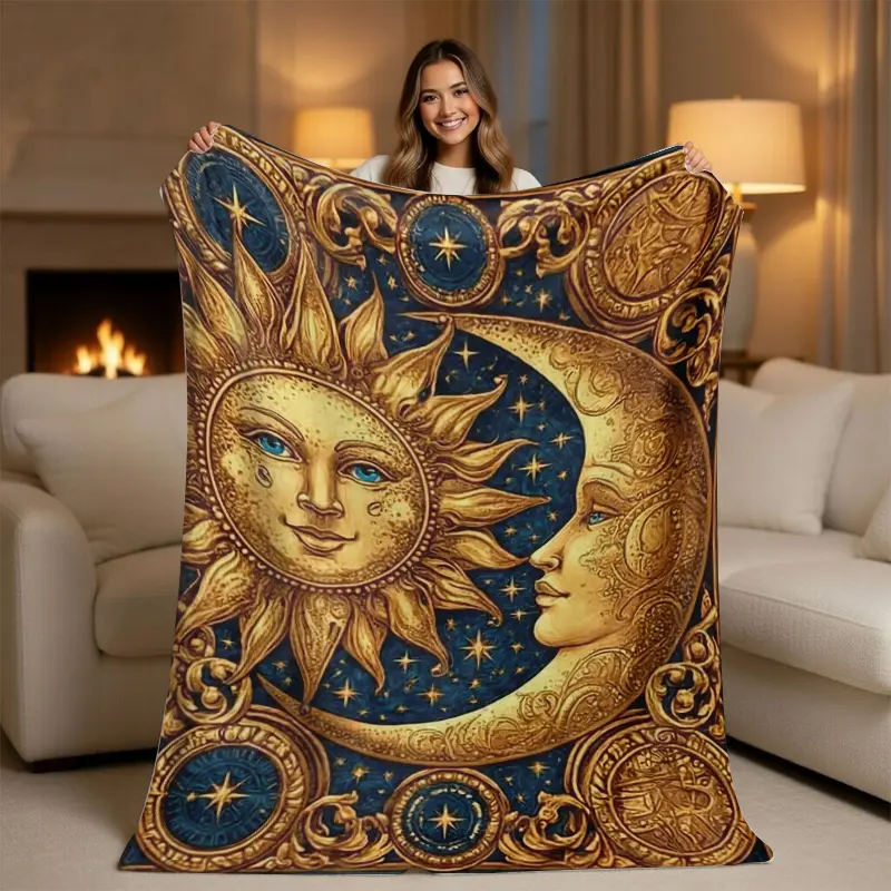 Golden Sun and Moon Celestial Throw Blanket Ornate Blue Gold Astrology Vintage Style Soft Fleece Cozy Aesthetic Blanket Boho Mystic Stars Sun Moon Face Fantasy Home Decor Sofa Couch Bed, Boho Blankets, Art Graphic Blankets