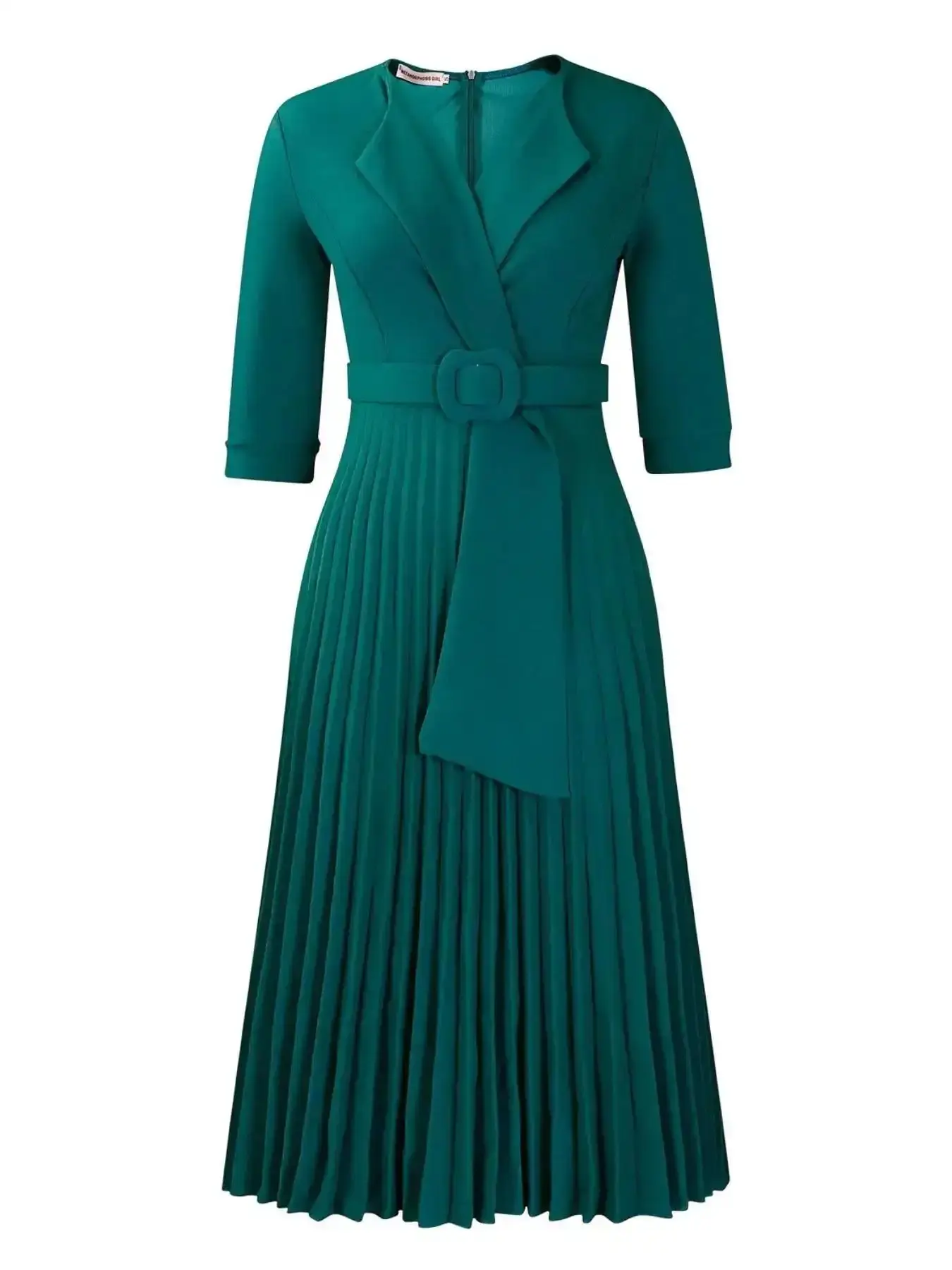 Women's Classic Plain Pleated Belted A Line Dress Professional Style, Elegant 3/4 Sleeve Lapel Neck Zipper Back Long for Work Office Business, Ladies Clothes for All Seasons Formal Wear, Solid Color, Everyday Essential