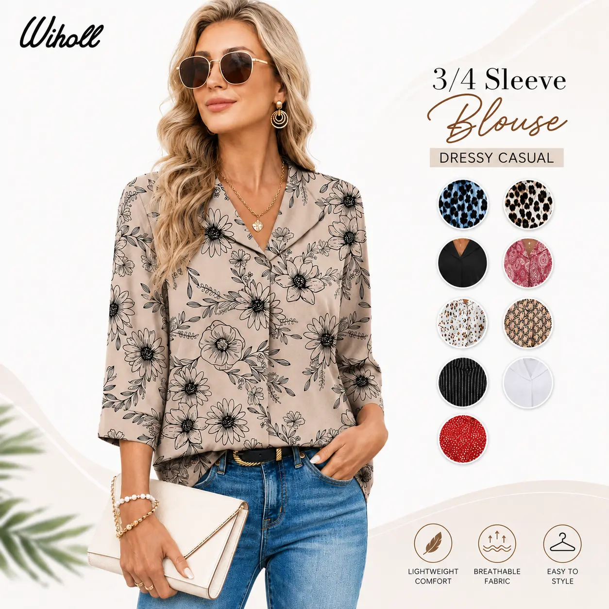 WIHOLL 3/4 Length Sleeve Womens Tops Dressy Casual Blouses Summer Spring Trendy Business Outfits Fashion Clothing