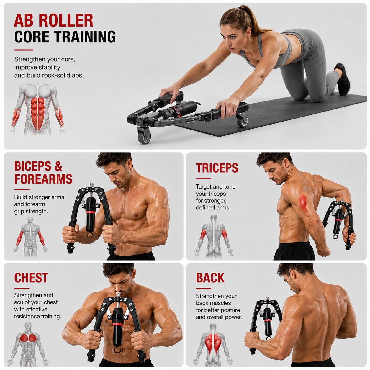 3-in-1 Hydraulic Chest Twister-Arm Trainer - Adjustable 22-440lbs Core Strength Training Equipment with Ab Roller Wheel Pad, Home Fitness Tool, Exercise Equipment That Adjusts to You for Home Gym Use