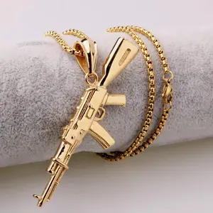 AK47 Assault Gun Rifle Pendant Chain Stainless Steel Gold Tone Men's Necklace
