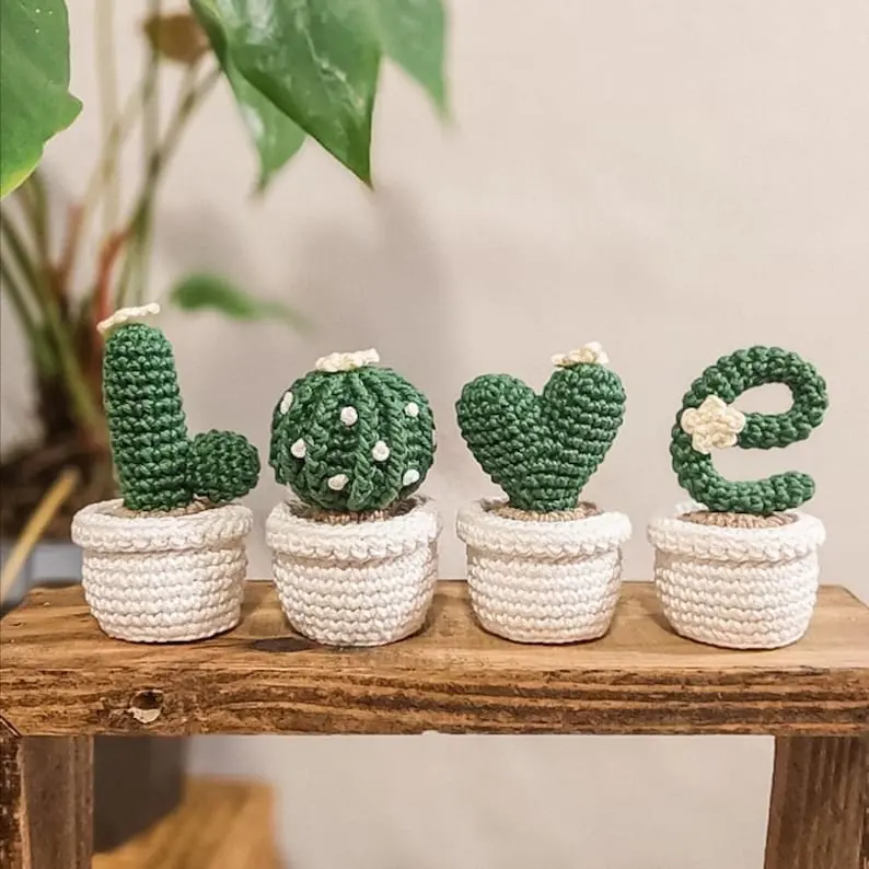 Set 4 Cactus L.o.v.e Crochet for Home Decor, Flower Pots, Gift for Love