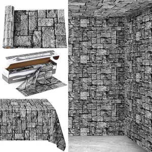 100 Ft x 54 Inch Stone Wall Tablecloth Roll with Cutter Box Disposable Plastic Stone Table Cover Medieval Stone Brick Table Cloth Dirt Floor Wall Backdrops for Farm Wedding Birthday Party