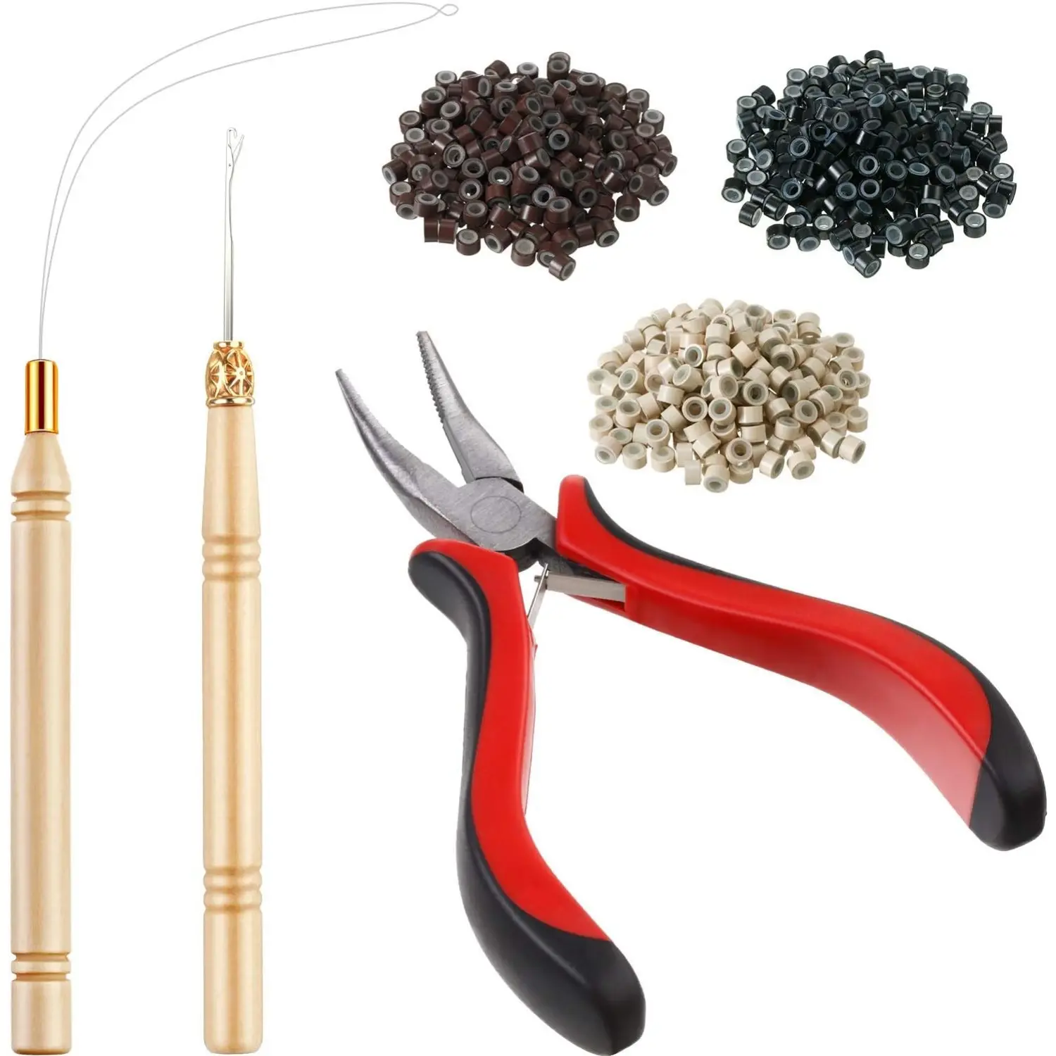 Hair Extension Kit with Pliers, Pulling Hook Needle, Sewing Bead Device, 600 Silicone-Lined Micro Rings for Tinsel/Feather Application or Removal - Home Improvement Beads Device Tools, Hair Extension Beads Device