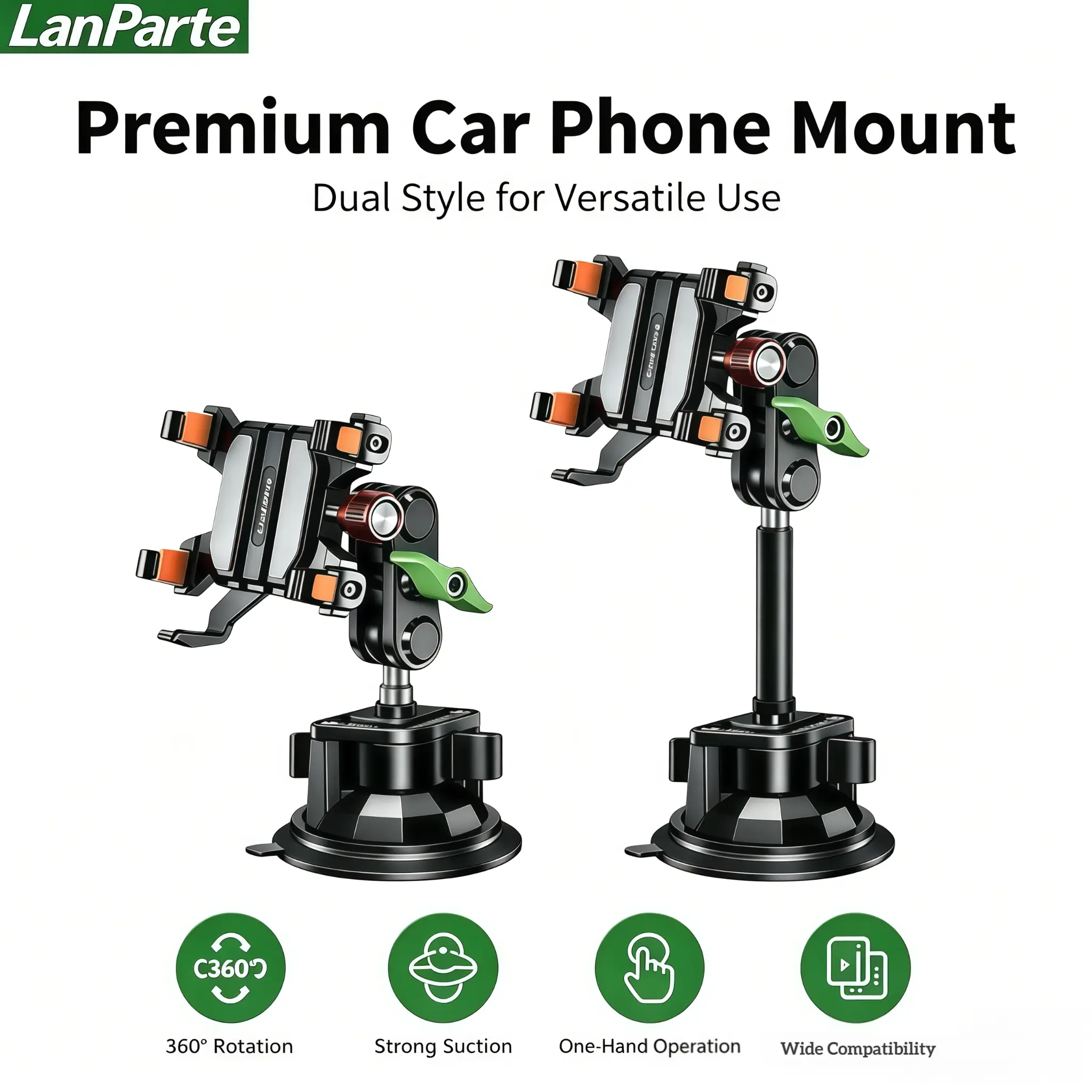 LanParte RBA-T01L 5-Claw Aluminum Alloy Metal Car Phone Holder - Extended Vacuum Suction Cup, Heavy-Duty Arm, 360° Adjustable, Fits 6.1-7.2 in Smartphones, Multifunctional Car Accessories for Truck Drivers, Daily Commuters, Semi Truck Accessories, C360° R