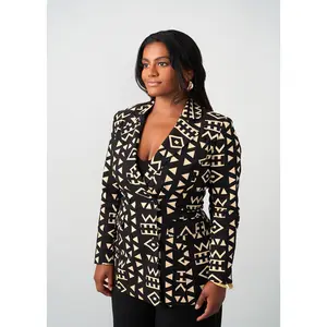 Uyai Women's African Print Stretch Blazer (Tan Black Tribal)