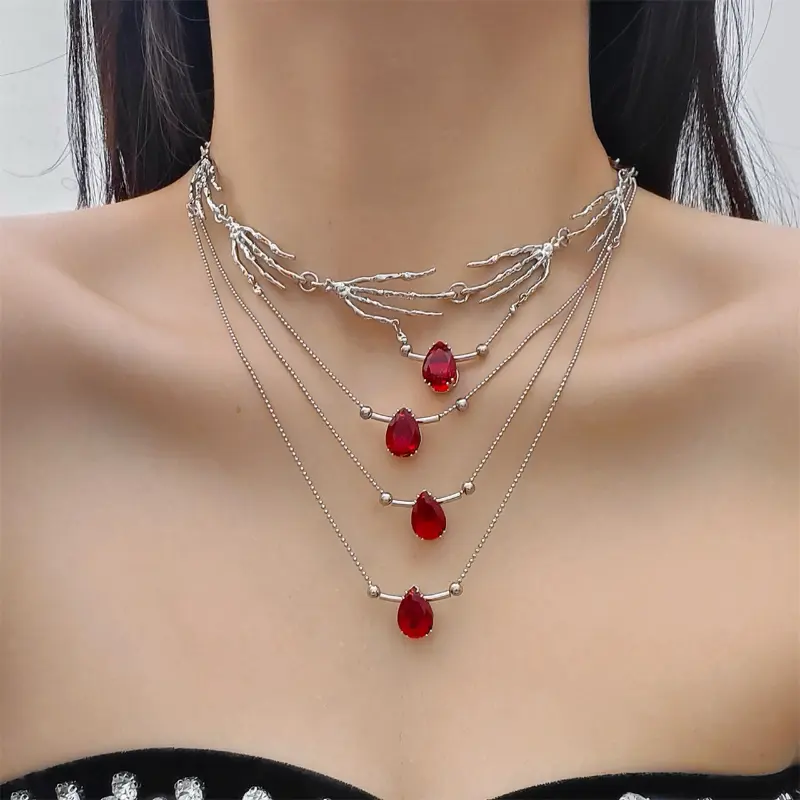 French Retro Water Drop Necklace for Women, Palace Port Style, Red Gemstone, Clavicle Chain, Evening Luxury, Trendy