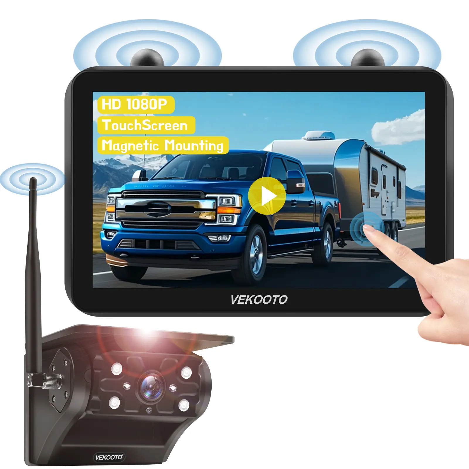 VEKOOTO VK7 Magnetic Solar Wireless Backup Camera with 7'' IPS Touchscreen, Solar Charging, Auto Sleep, No Wiring, 1080P Night Vision Wireless Backup Camera for Trucks, RV, Trailer, Camper